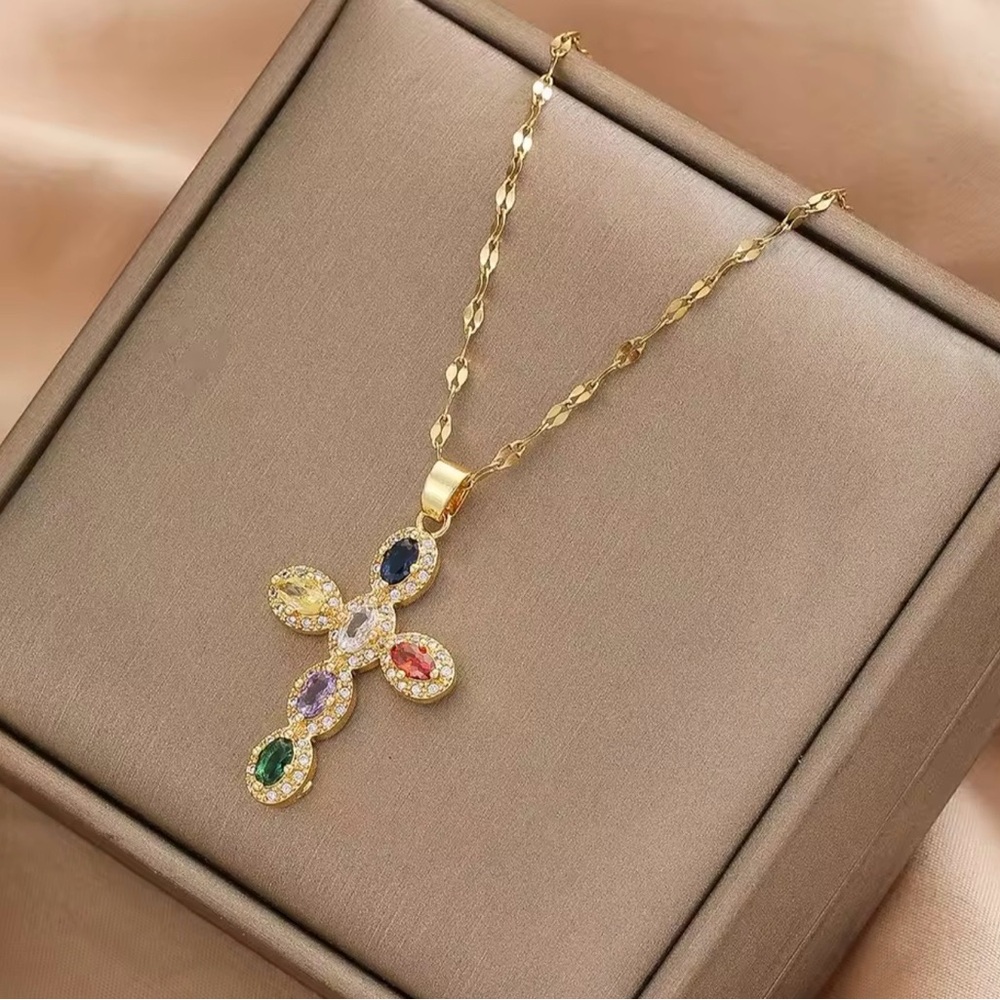 Elegant Gold Multicolor Cross Necklace